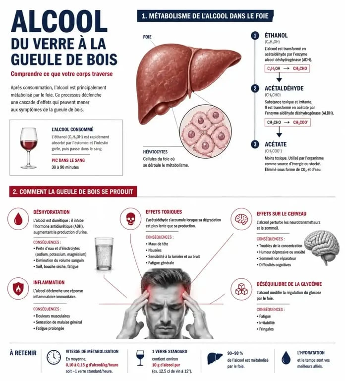 Infographie explicative sur comment enlever la gueule de bois et les mécanismes physiologiques