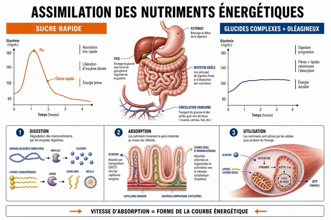 Infographie sur les aliments qui donnent de l'énergie rapidement et leur mécanisme d'action sur le métabolisme