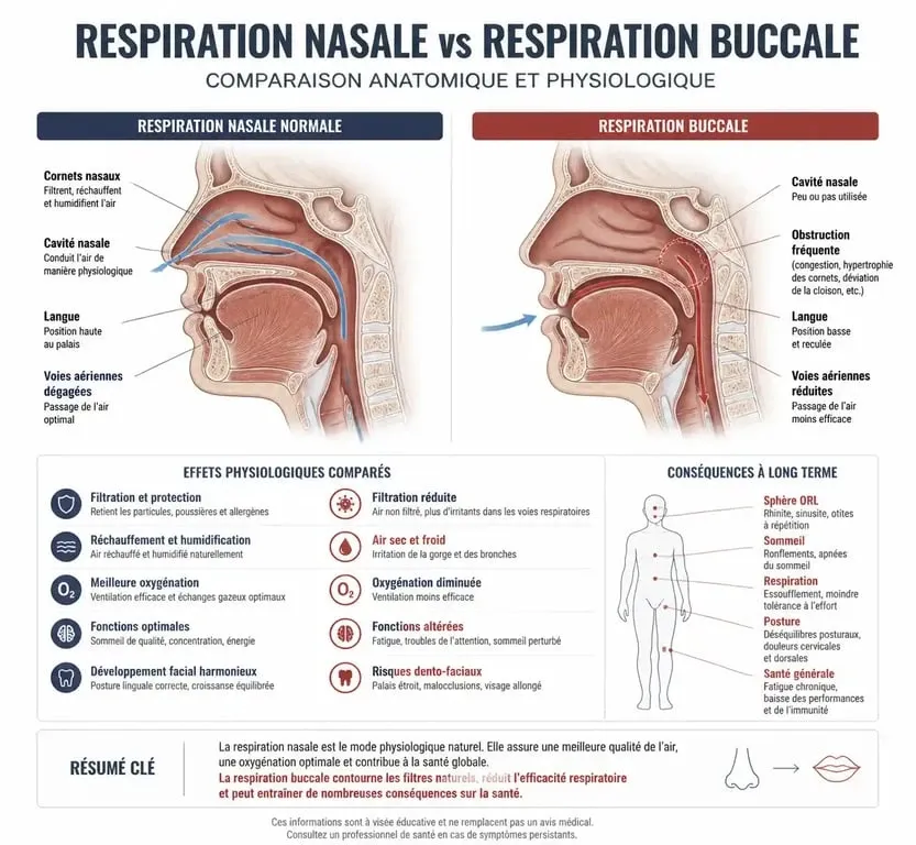 Schéma comparatif expliquant pourquoi je dors la bouche ouverte et les différences entre respiration nasale et buccale