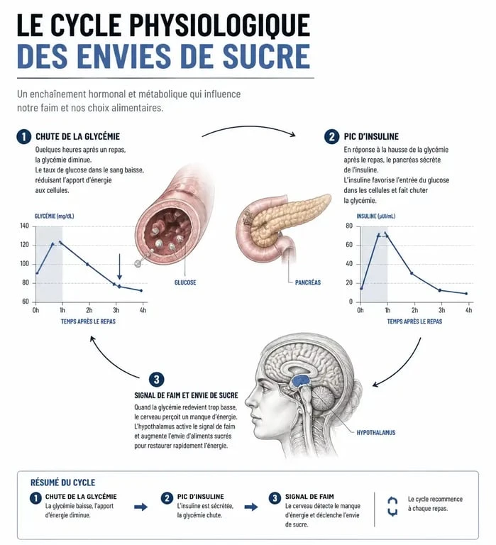 Infographie expliquant le cycle physiologique des envies de sucre et la signification des fringales