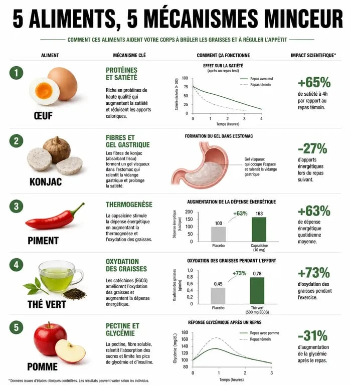 Infographie des mécanismes d'action des aliments qui font maigrir pour une perte de poids naturelle