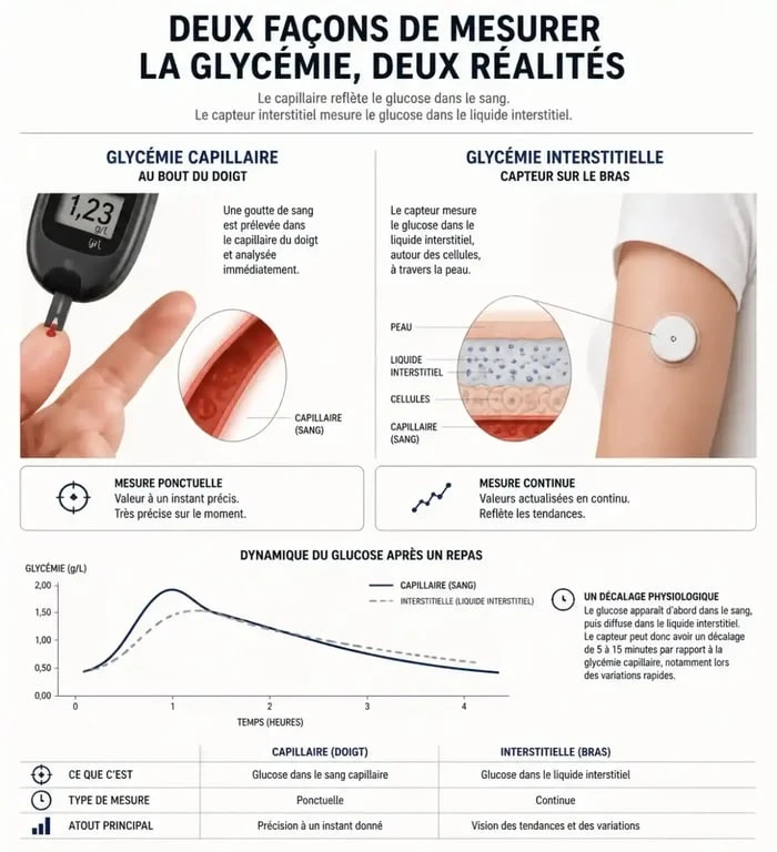 Schéma comparatif du fonctionnement d'un lecteur de glycémie sans piqûre par rapport à une piqûre classique
