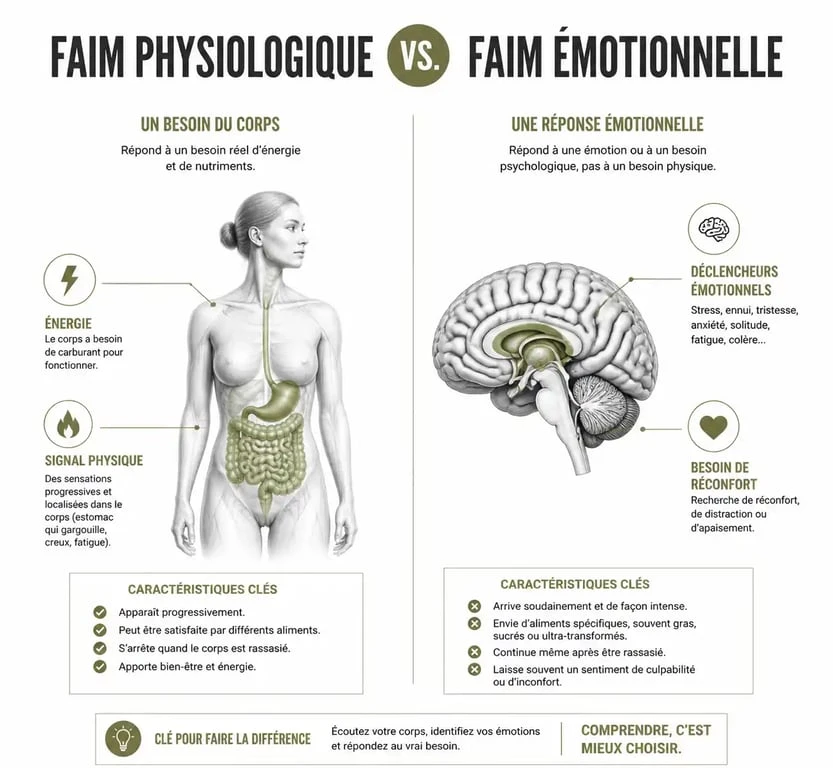 Infographie expliquant la différence entre la faim physiologique et la faim émotionnelle pour mieux comprendre comment arrêter de manger de façon compulsive.