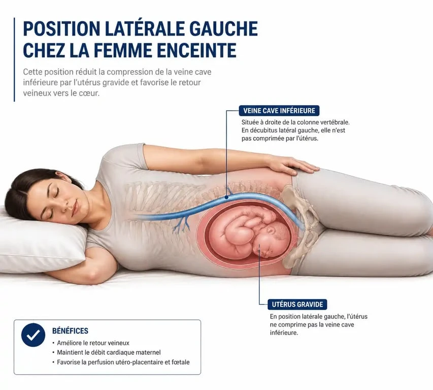 Schéma explicatif de la position recommandée pour dormir enceinte sur le côté gauche pour libérer la veine cave.