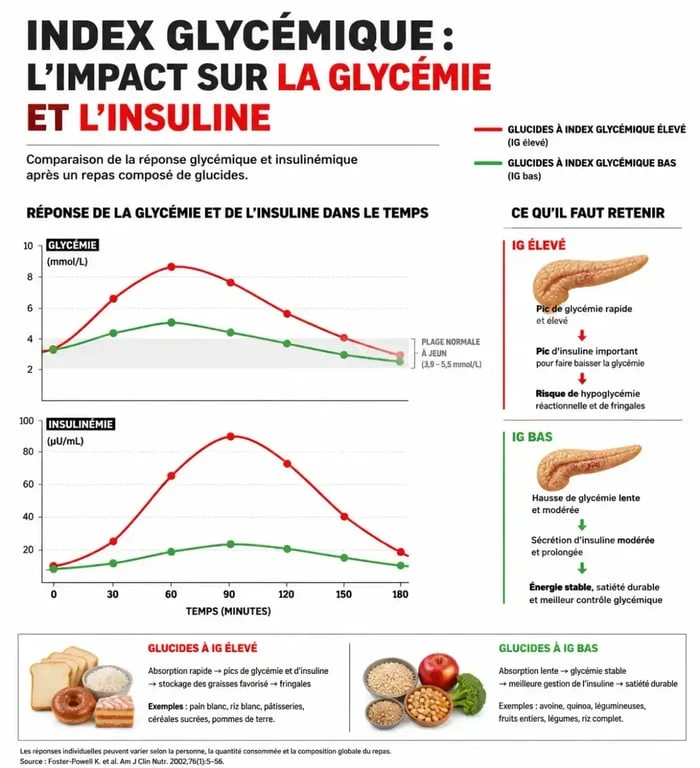 Infographie sur l'index glycémique et l'impact des glucides sur la prise de poids