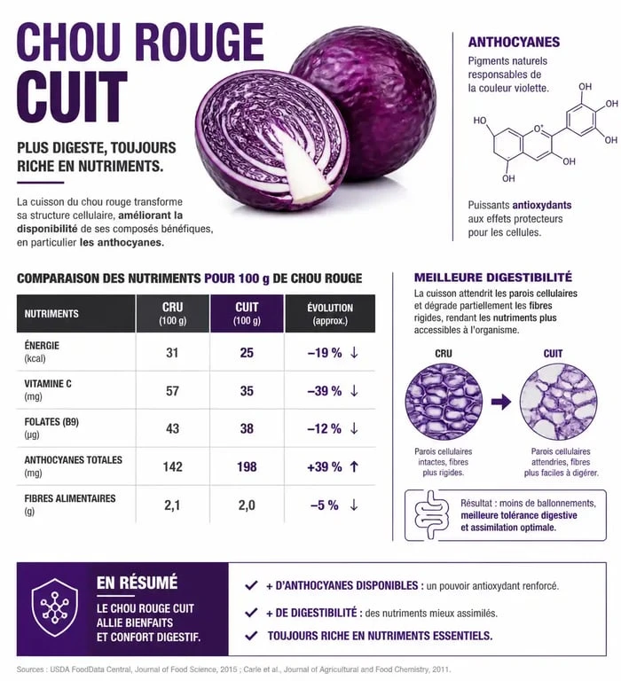 Infographie des bienfaits du chou rouge cuit et comparaison nutritionnelle