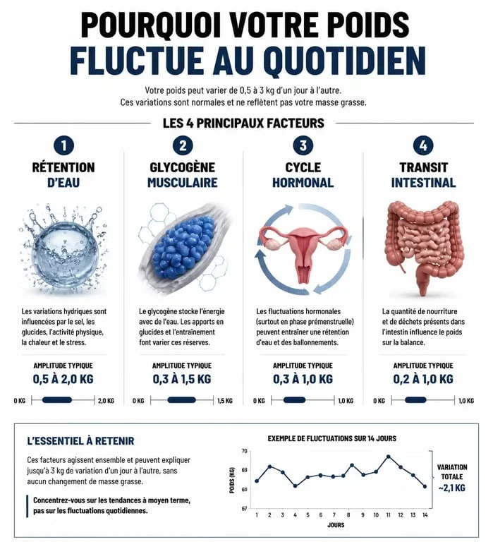 Infographie expliquant les causes physiologiques des variations de poids lors de la pesée quotidienne.