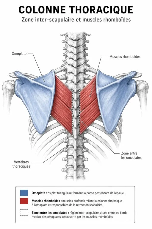 Schéma anatomique montrant la localisation du point dans le milieu du dos et les muscles rhomboïdes
