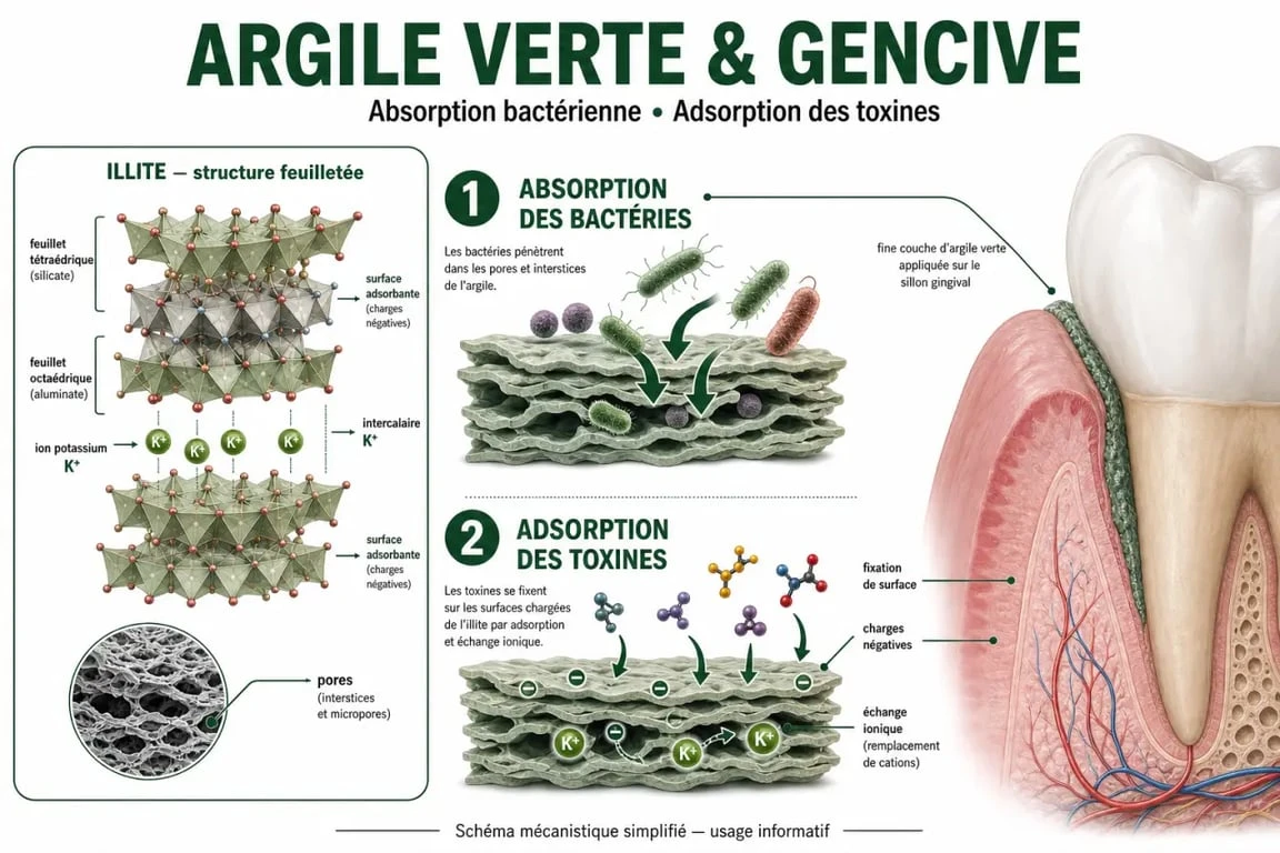 Infographie expliquant les bienfaits de l'argile verte et le déchaussement des dents
