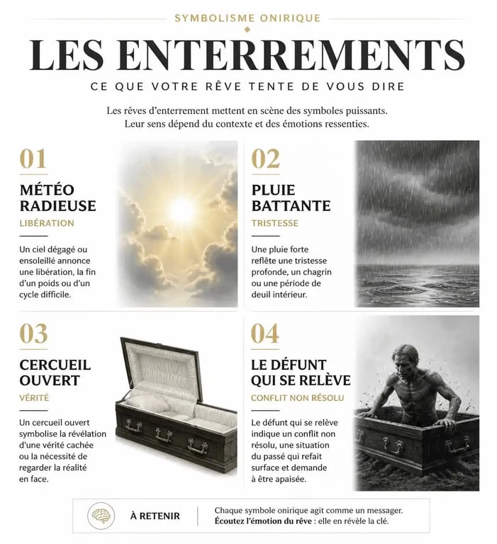 Infographie sur la signification des rêves d'enterrement d'une personne déjà morte et les symboles associés