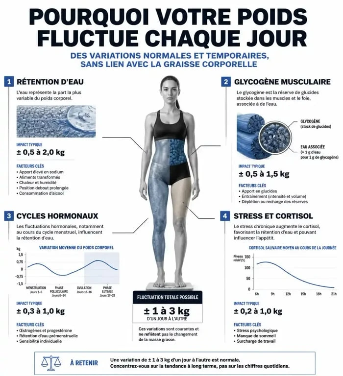 Infographie sur les facteurs de fluctuation du poids : pourquoi le poids varie chaque jour