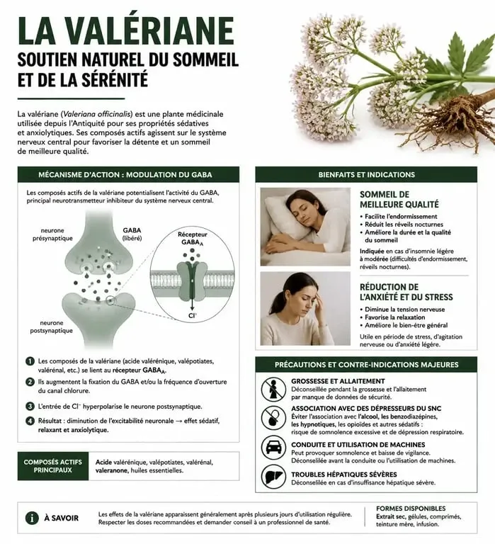 Infographie sur les bienfaits et les précautions d'emploi de la valériane pour le sommeil et l'anxiété