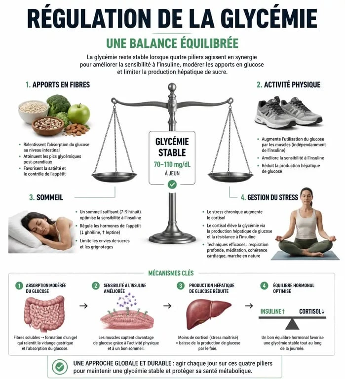 Infographie sur les méthodes naturelles pour faire baisser la glycémie et stabiliser le taux de sucre dans le sang