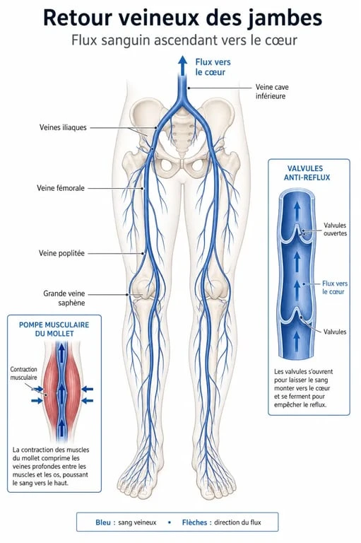 Schéma explicatif du système veineux et de l'impression de sentir son sang circuler dans les jambes