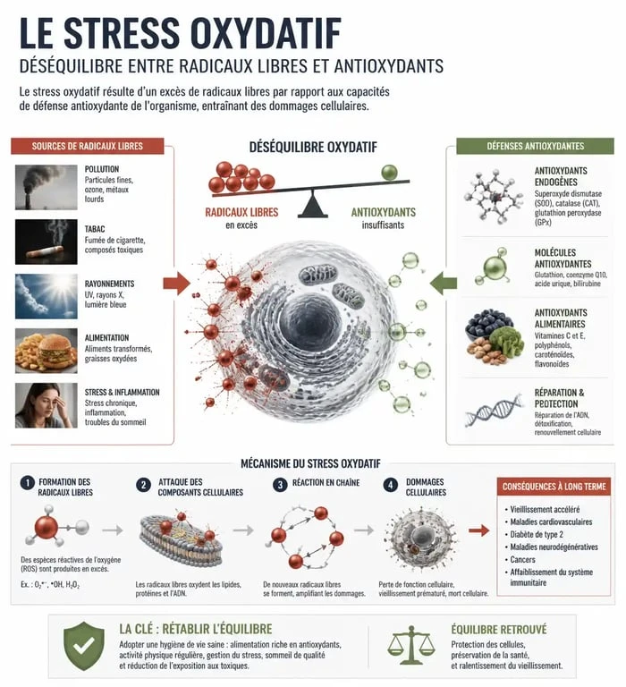 Schéma explicatif du stress oxydatif et du rôle des antioxydants dans l'organisme