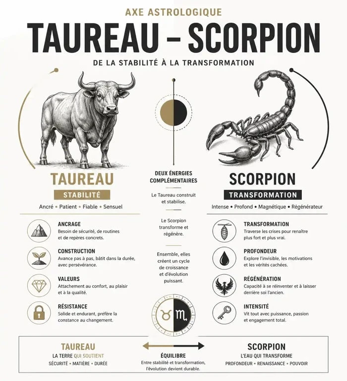 Infographie sur l'axe astrologique Taureau-Scorpion et les effets de la pleine lune en Scorpion