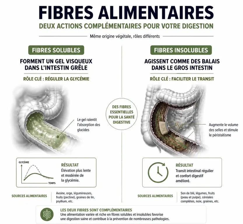 Infographie illustrant les bienfaits des aliments contenant des fibres pour la santé digestive