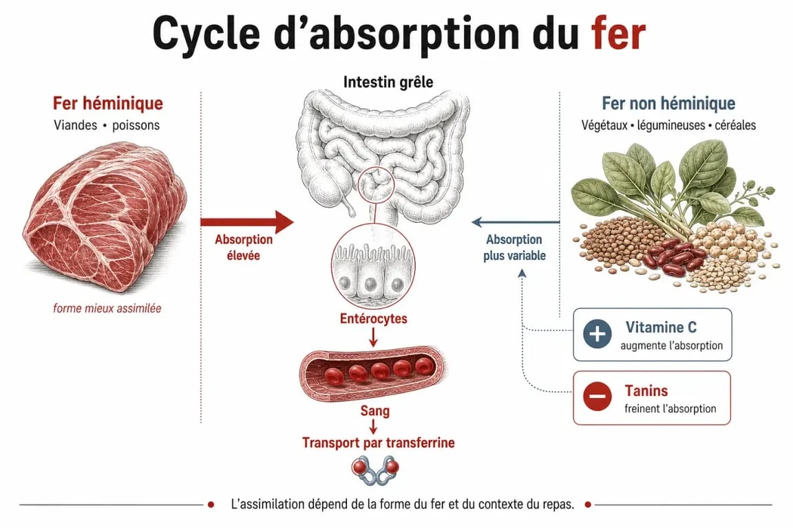 Infographie sur l'absorption des aliments riches en fer et les facteurs nutritionnels