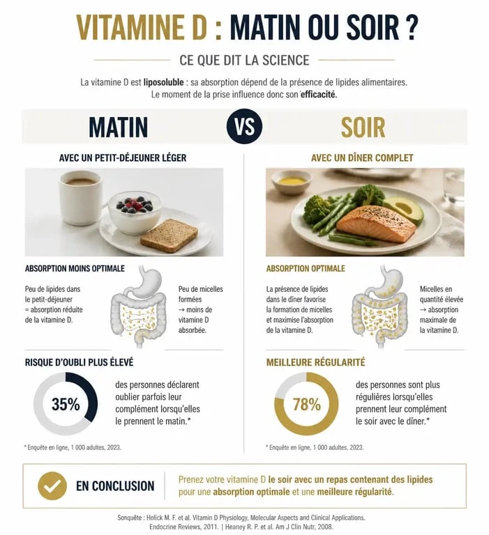 Infographie comparative : pourquoi prendre la vitamine D le soir pour une meilleure absorption