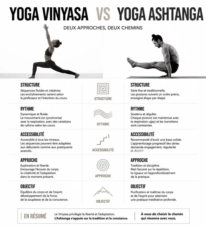 Infographie comparative entre le Yoga Vinyasa et le Yoga Ashtanga pour comprendre les différences