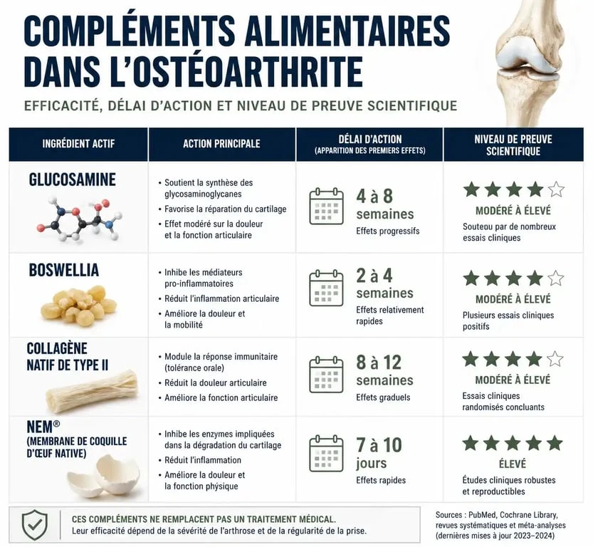 Infographie comparative des compléments alimentaires pour l'arthrose : efficacité et délais d'action des actifs naturels.