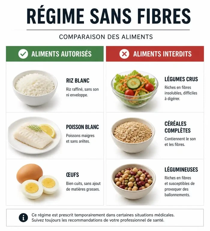 Tableau comparatif des aliments autorisés et interdits dans un régime sans fibres pour coloscopie