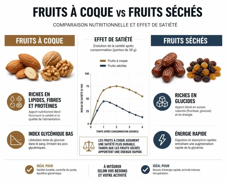 Infographie comparative des bienfaits nutritionnels des fruits secs et oléagineux pour la gestion du poids