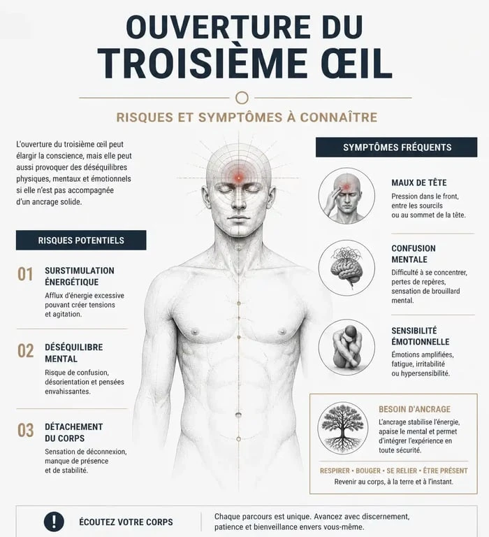 Infographie des risques et symptômes de l'ouverture du troisième œil et dangers potentiels