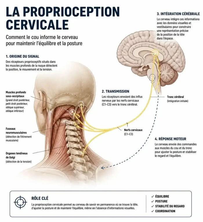 Schéma explicatif de la proprioception cervicale et son lien avec les vertiges