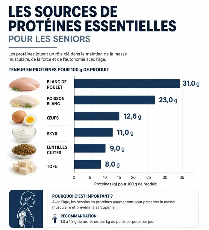 Infographie sur les aliments riches en protéines pour personnes âgées et leurs apports nutritionnels