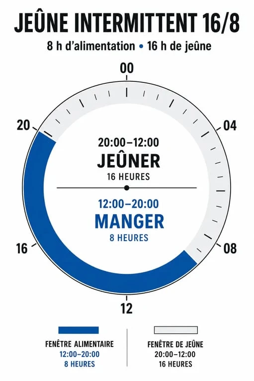 Schéma explicatif du cycle du jeûne intermittent 16/8 pour comprendre comment faire le jeûne intermittent efficacement.