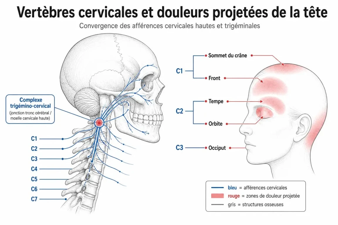 Schéma anatomique illustrant le lien entre les cervicales et les maux de tête