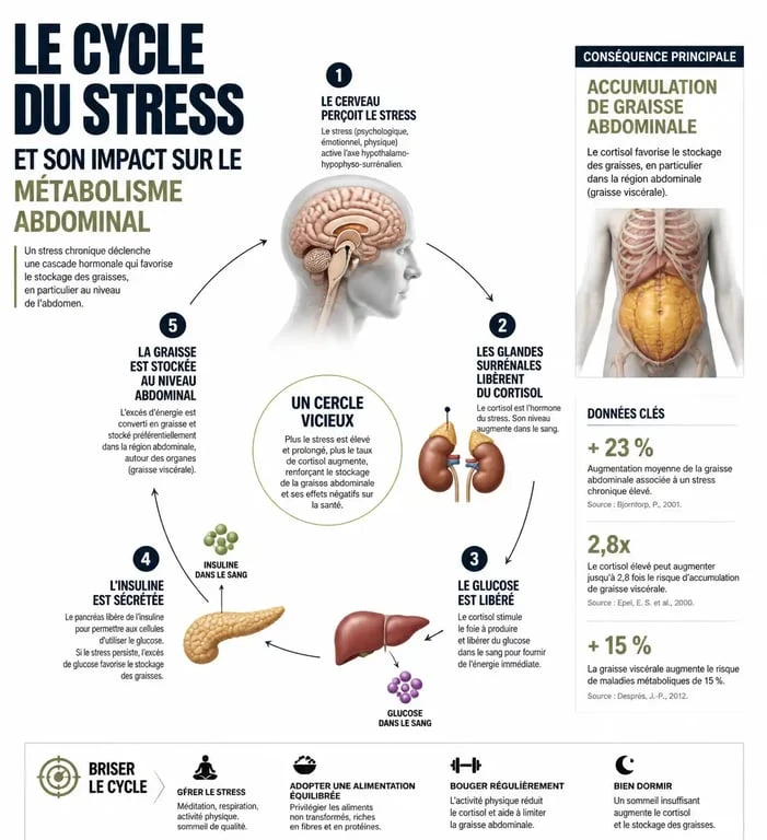 Schéma explicatif du lien entre taux de cortisol élevé et stockage de graisse abdominale