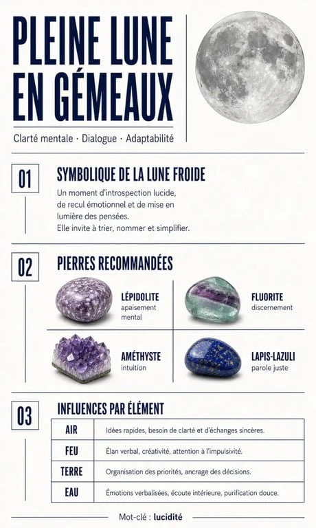 Infographie des effets et rituels de la pleine lune en Gémeaux du 5 décembre 2025