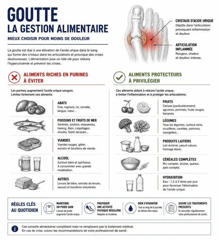 Infographie sur l'alimentation pour crise de goutte : aliments à éviter et à privilégier