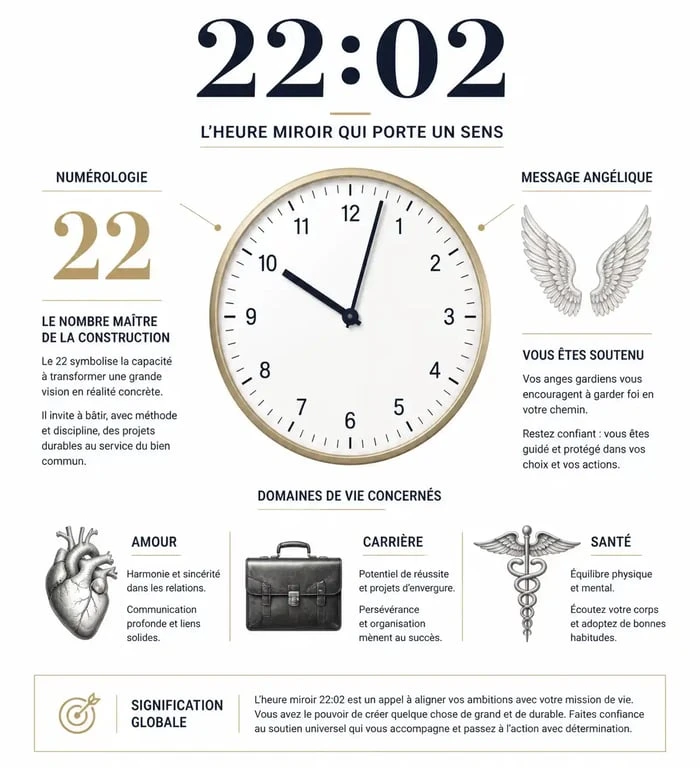 Infographie explicative de la signification de l'heure miroir 22h02 : numérologie, ange Habuhiah et conseils de vie.