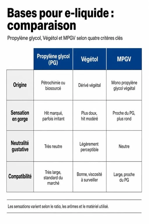 Comparatif des bases d'e-liquide sans propylène glycol : Végétol, MPGV et VG pour une vape saine.