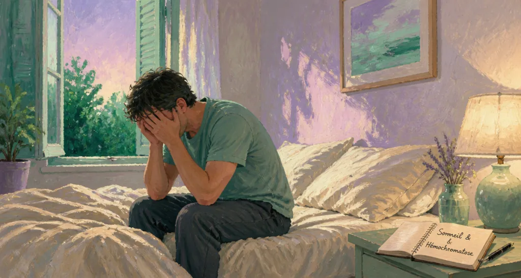 hémochromatose et sommeil homme fatigué assis sur lit