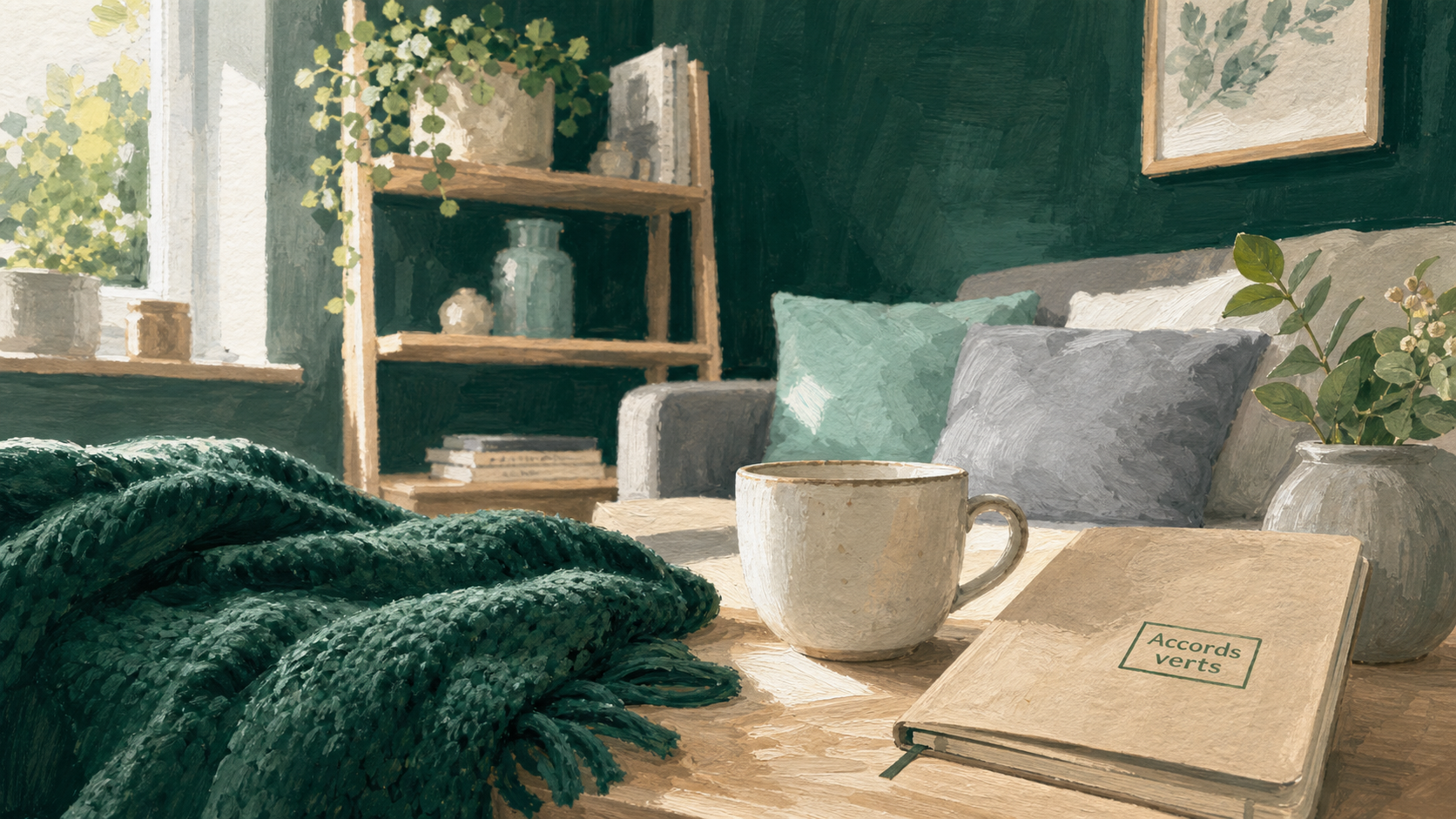 Le vert se marie avec quelle couleur : salon scandinave émeraude, sauge et kaki