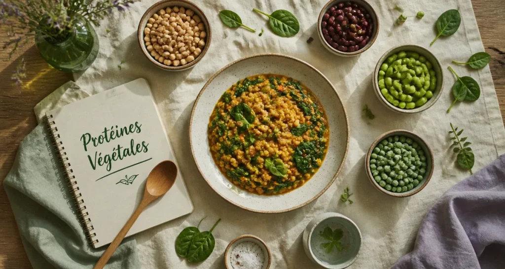 legumes riches en proteines sur table avec curry lentilles