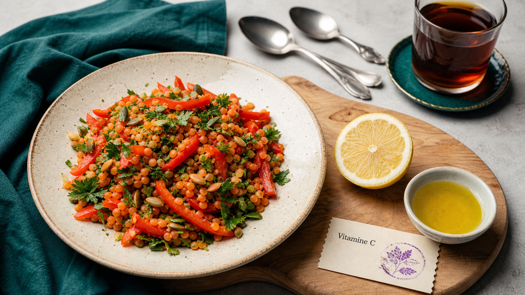 Liste d aliments riche en fer : salade de lentilles, graines, citron vitamine C