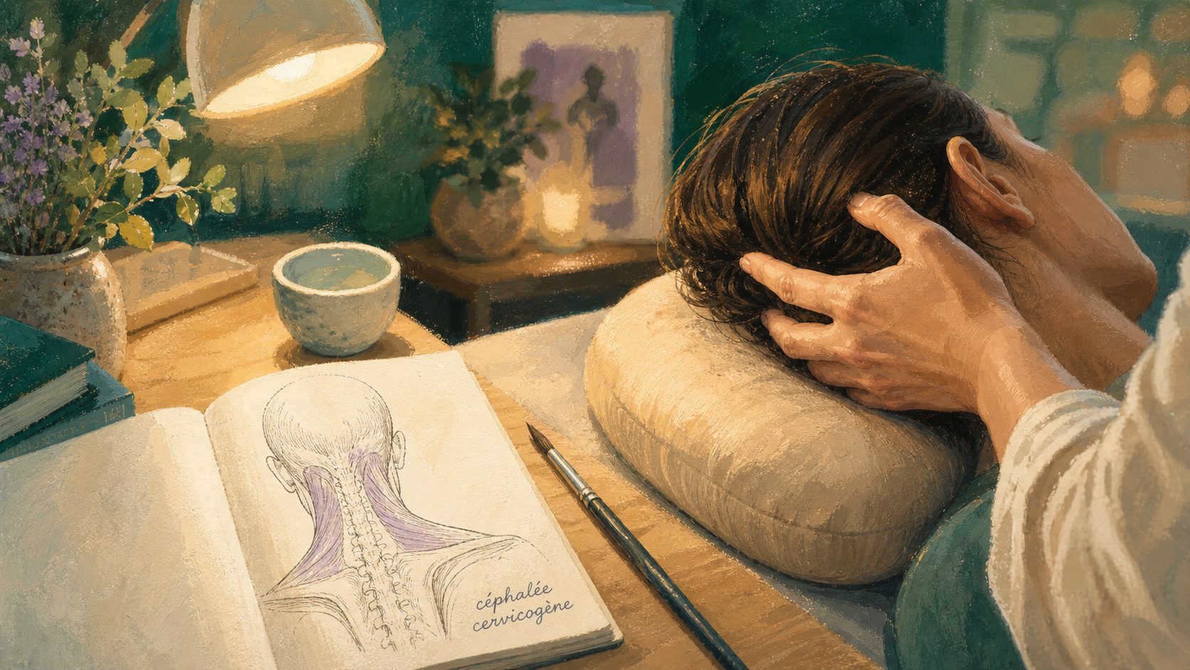 Maux de tete et cervicales : céphalée cervicogène, coussin de nuque et base du crâne