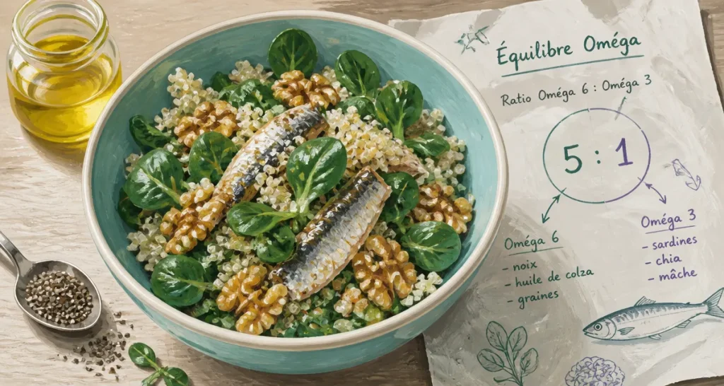Ratio omega 3 et 6 5:1 pour la santé : salade quinoa, noix, sardines et huile de colza