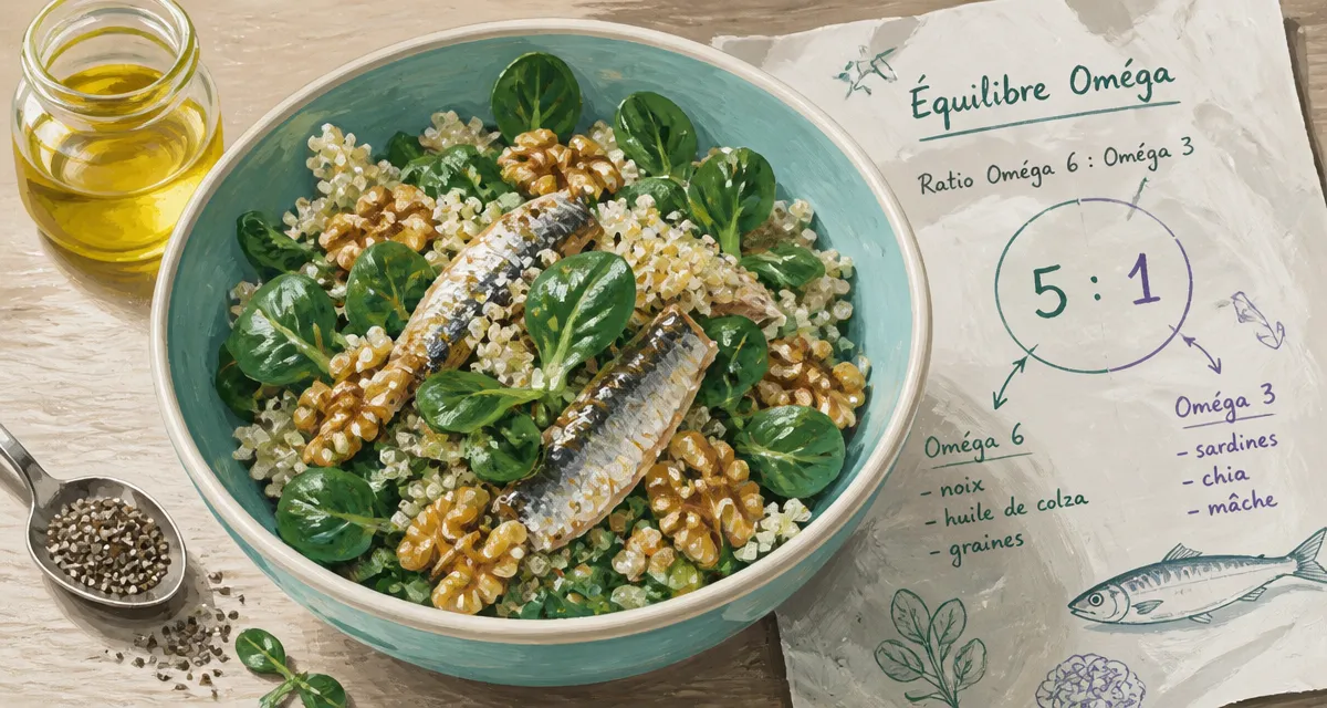 Ratio omega 3 et 6 5:1 pour la santé : salade quinoa, noix, sardines et huile de colza