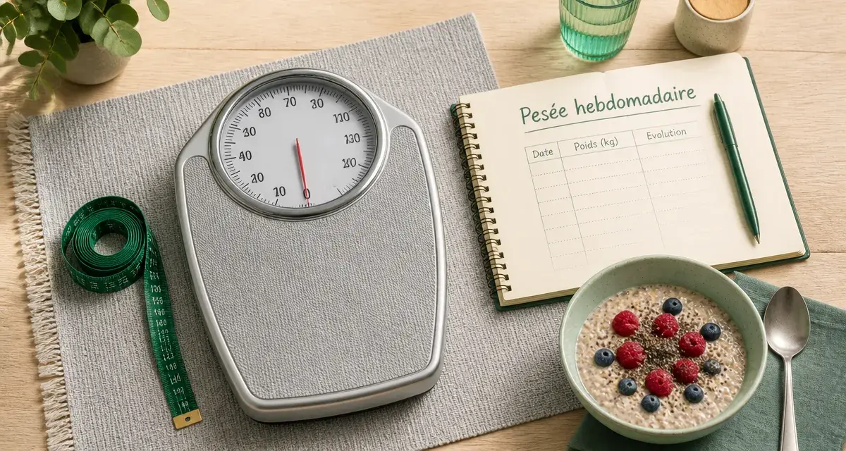 Se peser tous les jours fait grossir : balance, porridge, mètre ruban et carnet pour pesée hebdomadaire