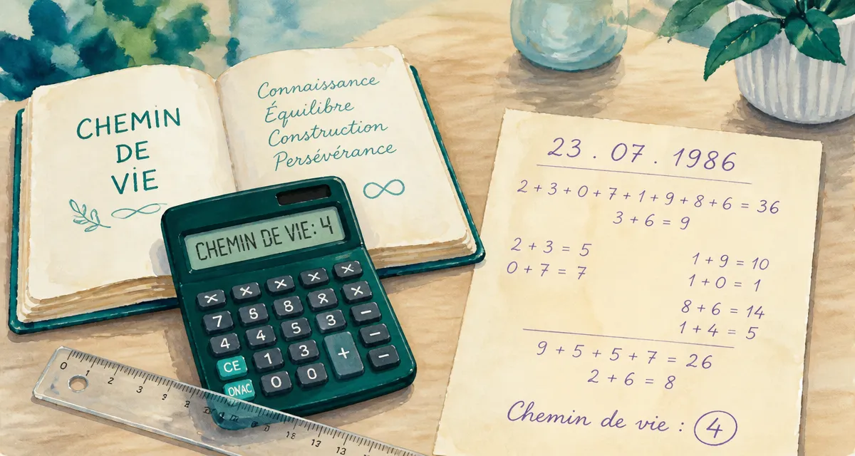 Signification numérologie : chemin de vie 4 sur carnet et calcul