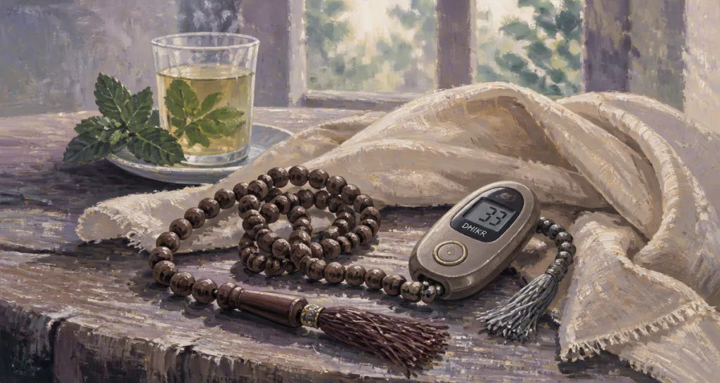 tasbih kuka et digital sur table en bois
