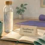 Tremblement interieur du corps et fatigue, apaisement avec tasse et eau en fond calme