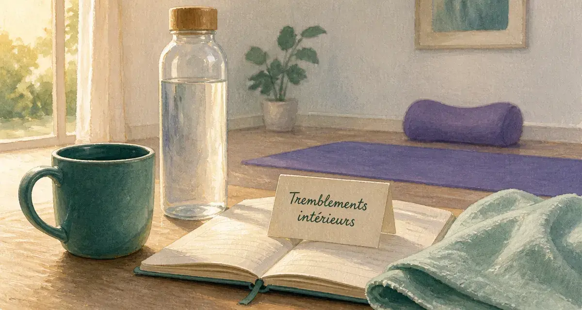 Tremblement interieur du corps et fatigue, apaisement avec tasse et eau en fond calme