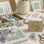 Activité manuelle adulte : kit DIY ouvert sur table, perles et broderie diamants